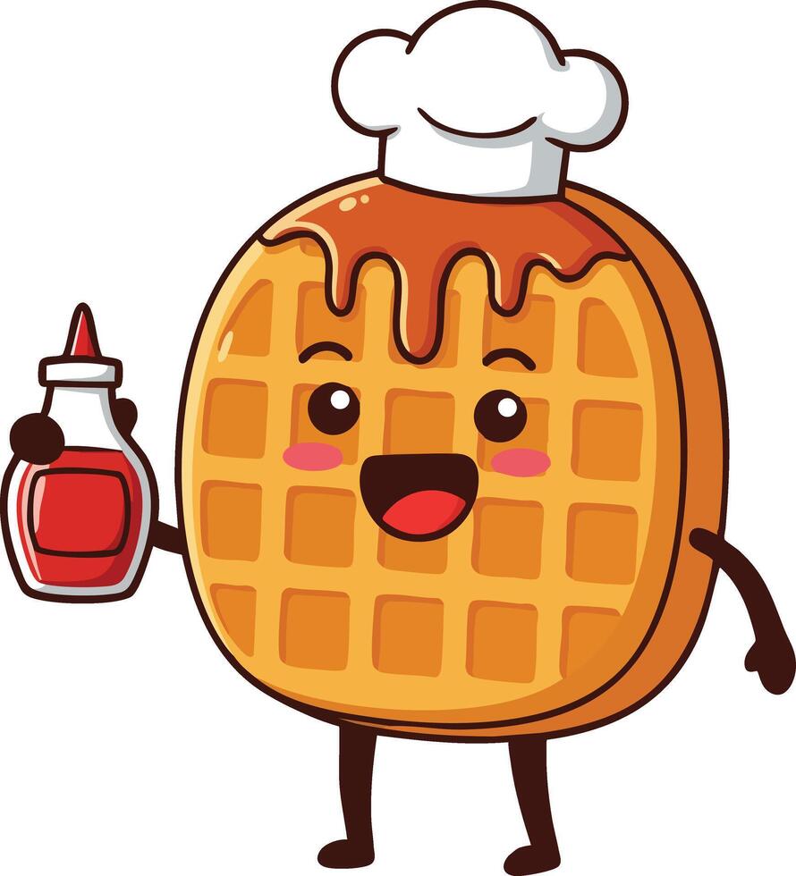 Waffle character holding syrup bottle wearing chef hat cute food cartoon illustration vector