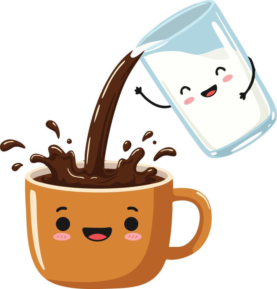 Cute smiling cup with coffee being poured from happy glass of milk illustration vector