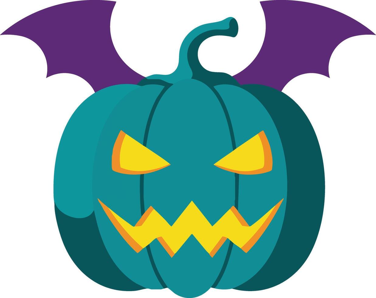 Halloween pumpkin with purple bat wings and glowing yellow eyes spooky autumn decoration illustration vector