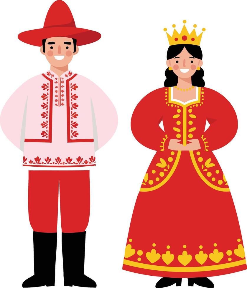 Traditional folk man and woman in red costume with crown and hat illustration vector