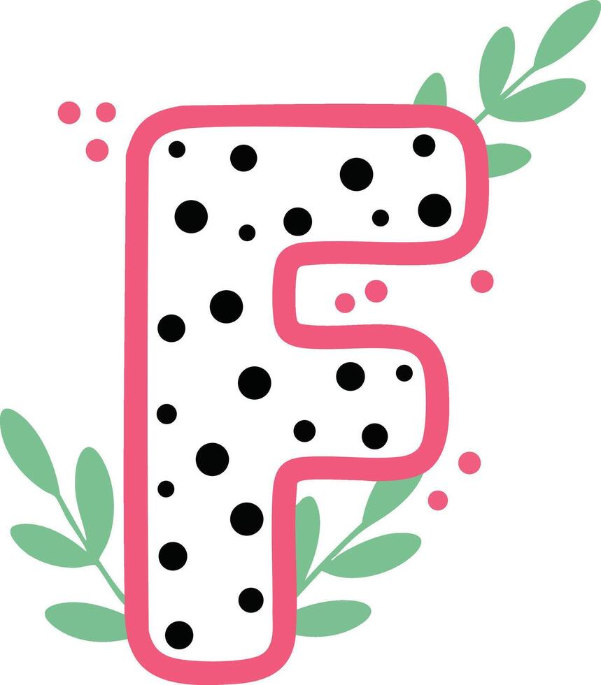 Decorative letter F with black dots and green leaves floral design illustration vector