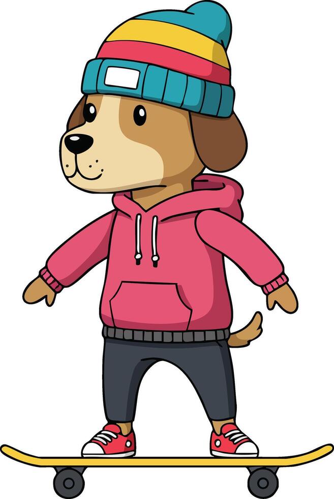 Dog wearing colorful beanie and pink hoodie skateboarding on yellow skateboard illustration vector