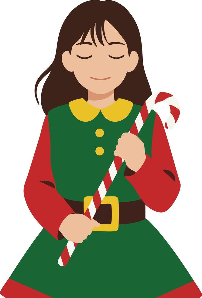 Girl in Christmas Elf Costume Holding Candy Cane Festive Holiday Illustration vector