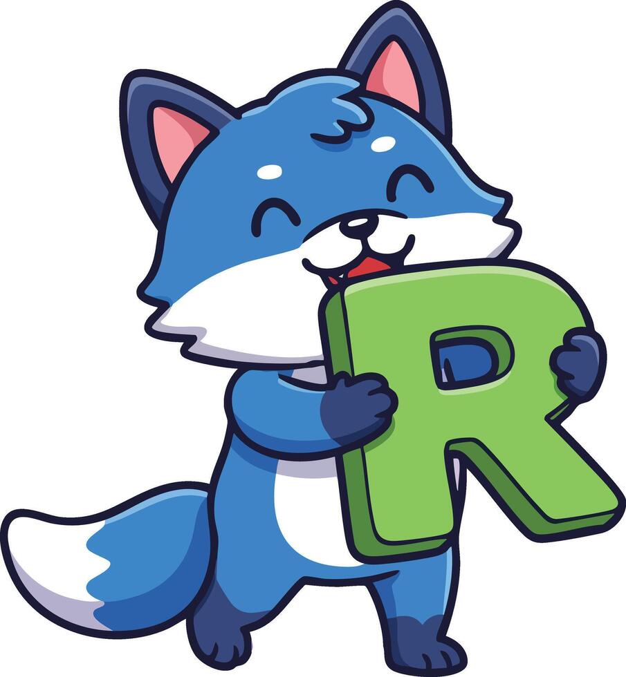 Cute blue fox holding green letter R alphabet character illustration for children education and learning materials vector