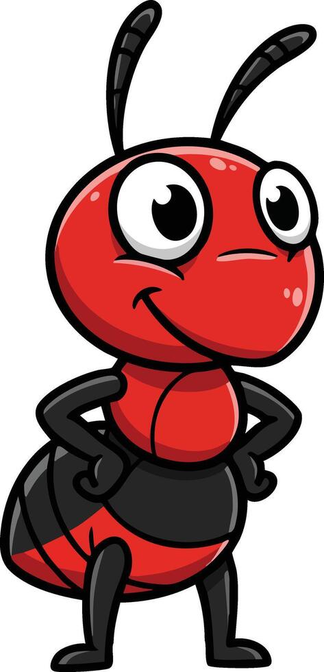 Red and black cartoon ant character standing with confident pose illustration vector
