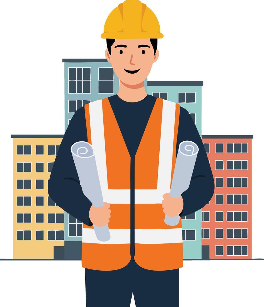 Construction worker with safety helmet and orange vest holding blueprints in front of urban buildings illustration vector