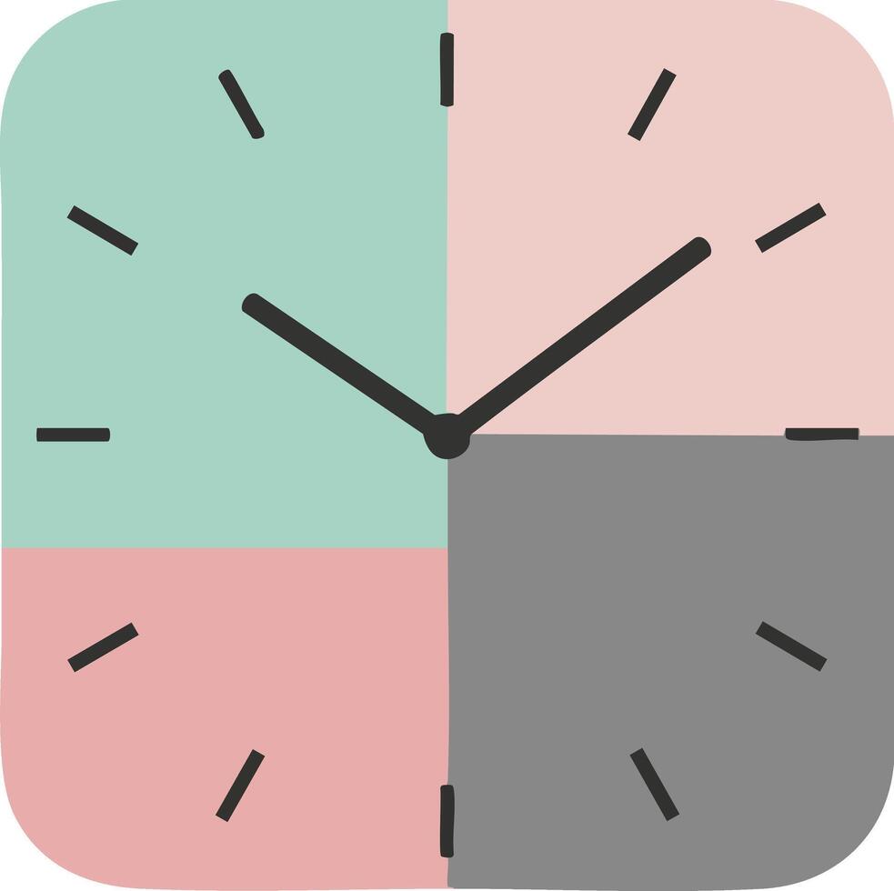 Retro style square wall clock with pastel green pink and gray quarters showing time illustration vector