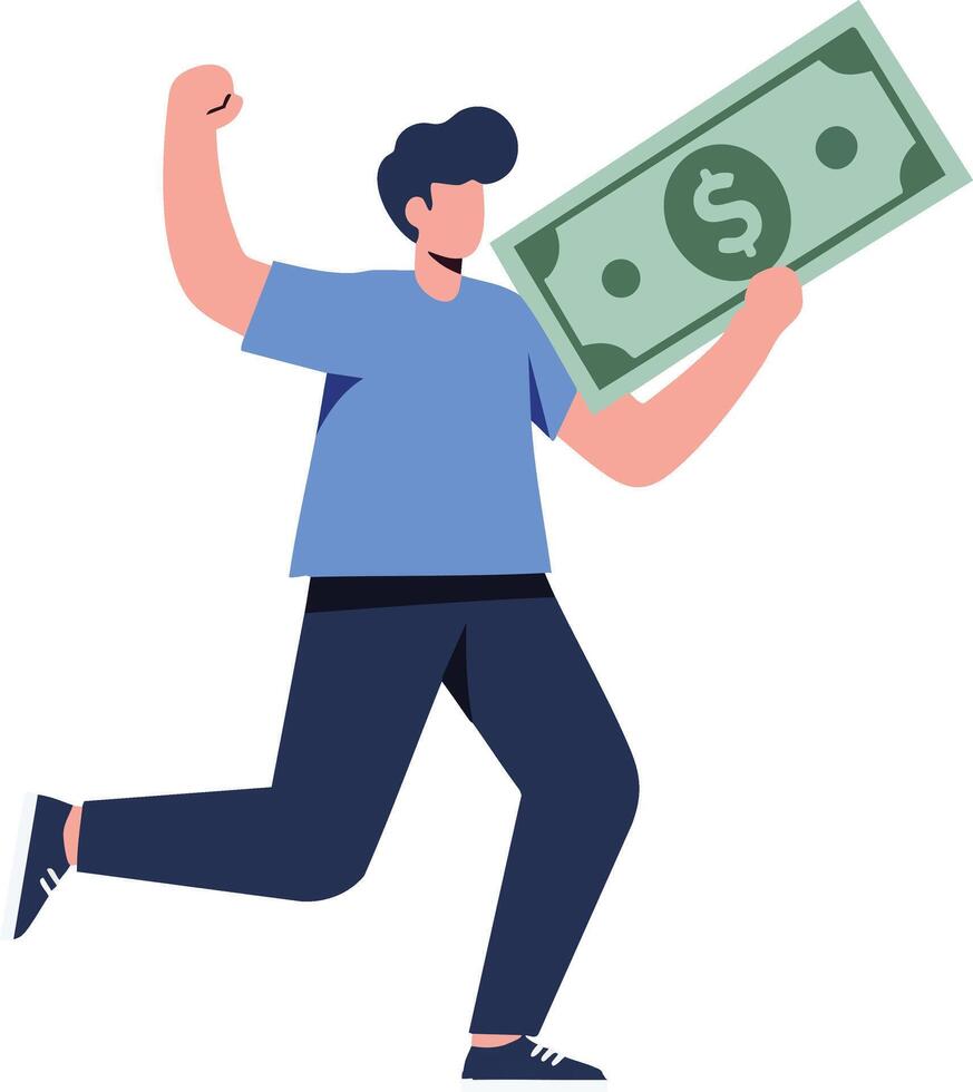 Man celebrating with large dollar bill in hand expressing financial success and happiness in illustration vector