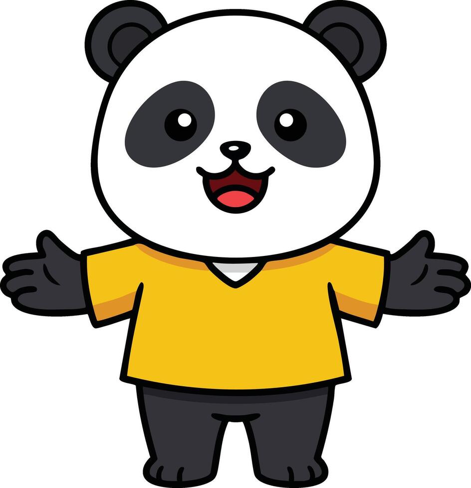 Cute panda character wearing yellow shirt with open arms welcoming gesture illustration vector
