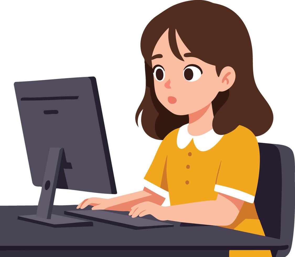 Young woman working on computer in yellow dress sitting at desk focused on screen illustration vector