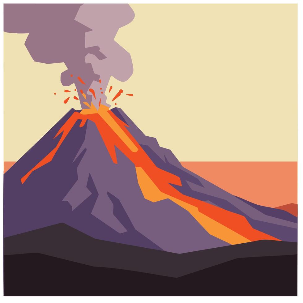 Volcano erupting with flowing lava and smoke in purple and orange hues natural disaster illustration vector