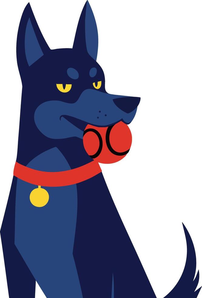 Doberman dog holding red ball in mouth with collar and tag illustration in simple style vector