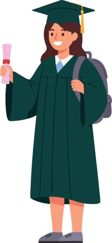 Female graduate student holding diploma in green academic gown and cap with backpack celebrating achievement illustration vector