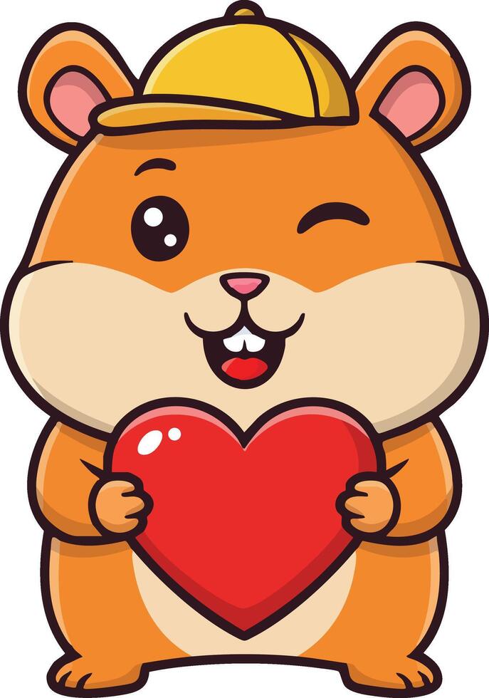 Cute cartoon hamster holding red heart wearing yellow cap illustration for love and affection designs vector