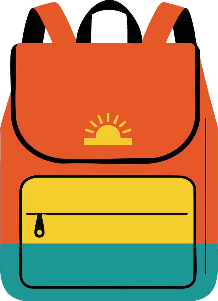 Colorful orange yellow and teal backpack with sun emblem illustration in flat style vector