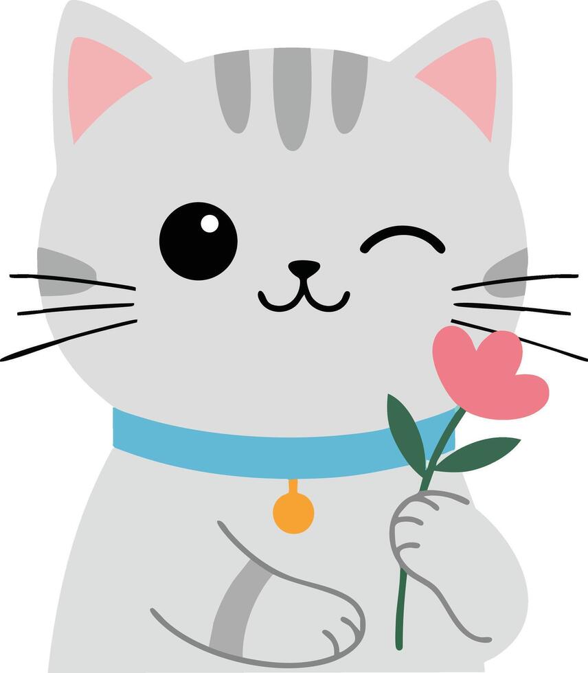 Cute gray kitten winking holding pink flower adorable pet illustration with blue collar and bell vector