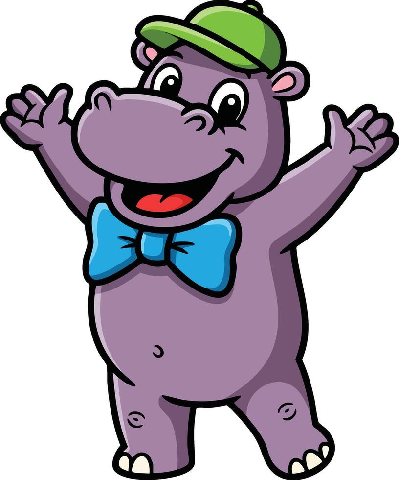 Happy cartoon hippo wearing green cap and blue bow tie with open arms illustration vector