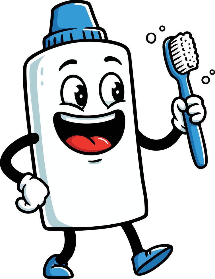 Animated toothpaste tube character holding blue toothbrush with happy face and playful expression illustration vector