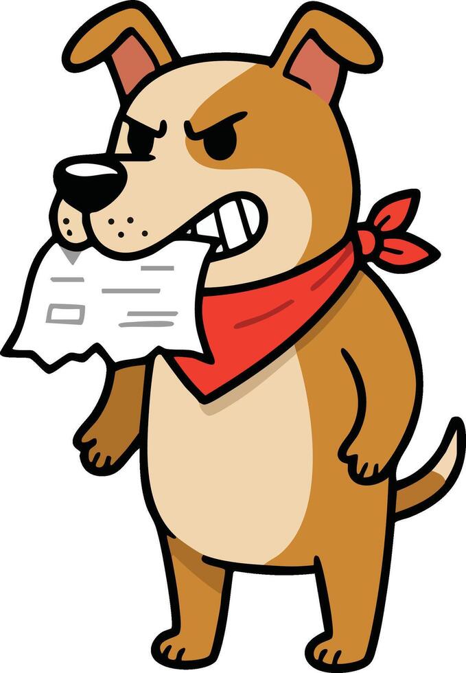 Angry dog holding torn letter in mouth with red bandana around neck cartoon illustration vector