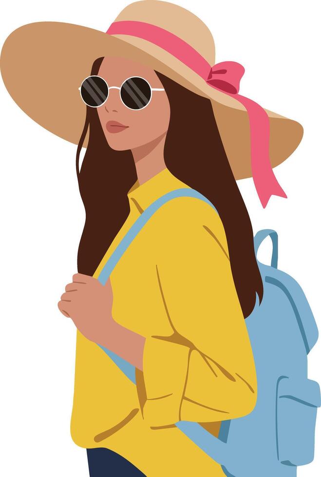 Woman wearing wide brim hat and sunglasses with blue backpack and yellow shirt illustration vector