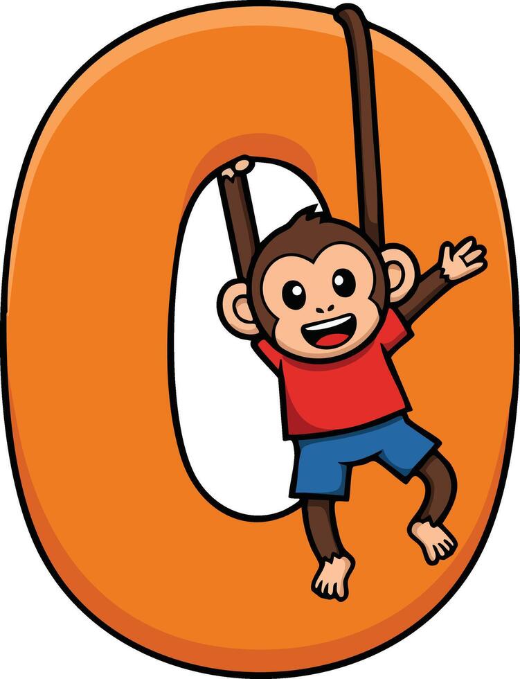 Cartoon monkey hanging from orange letter O playful children illustration design artwork vector