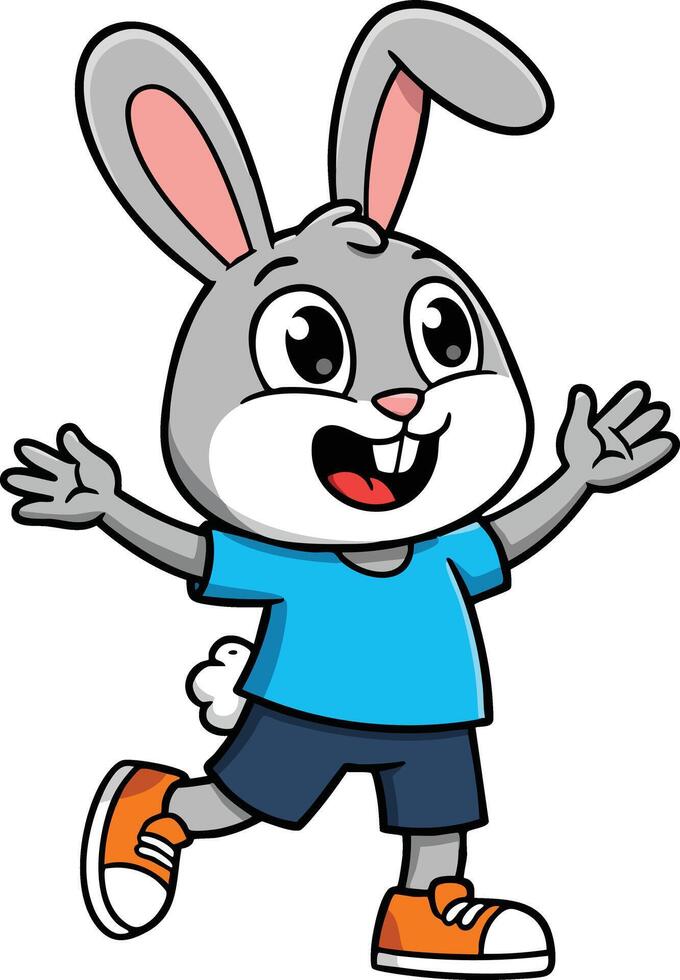 Happy running cartoon rabbit wearing blue shirt and orange sneakers playful character design vector