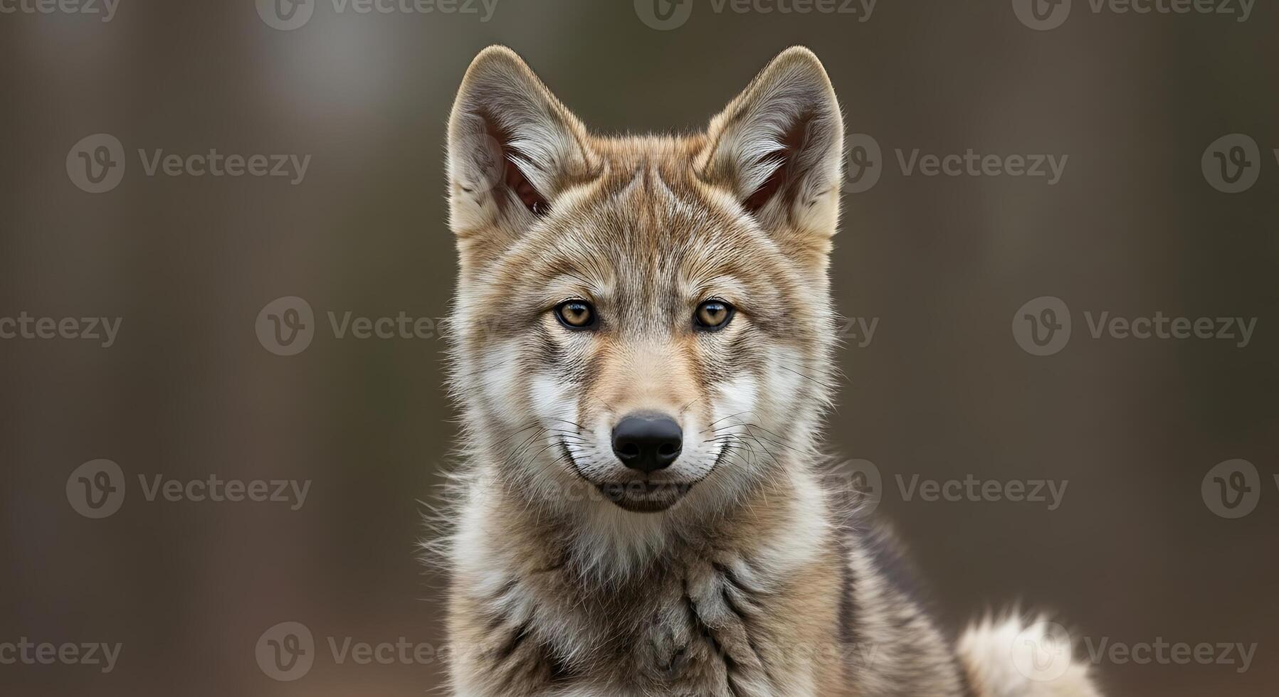 A wolf is sitting on the ground looking at the camera photo