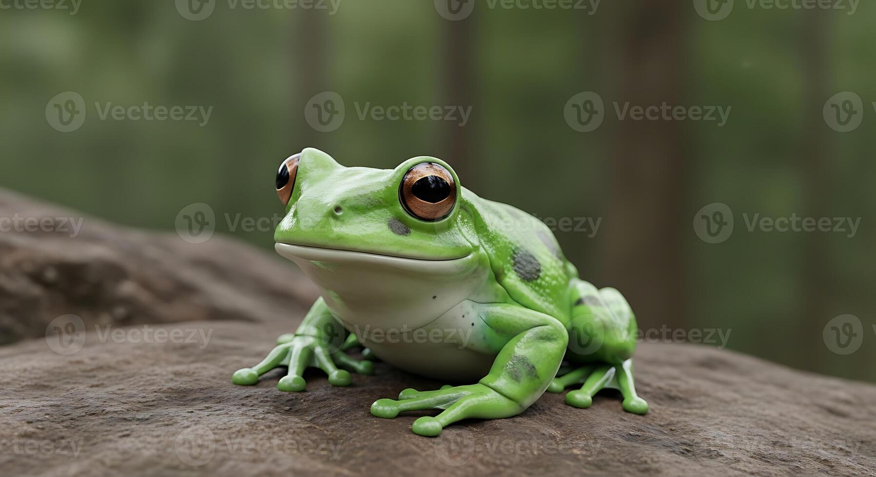 A green frog sitting on a rock photo