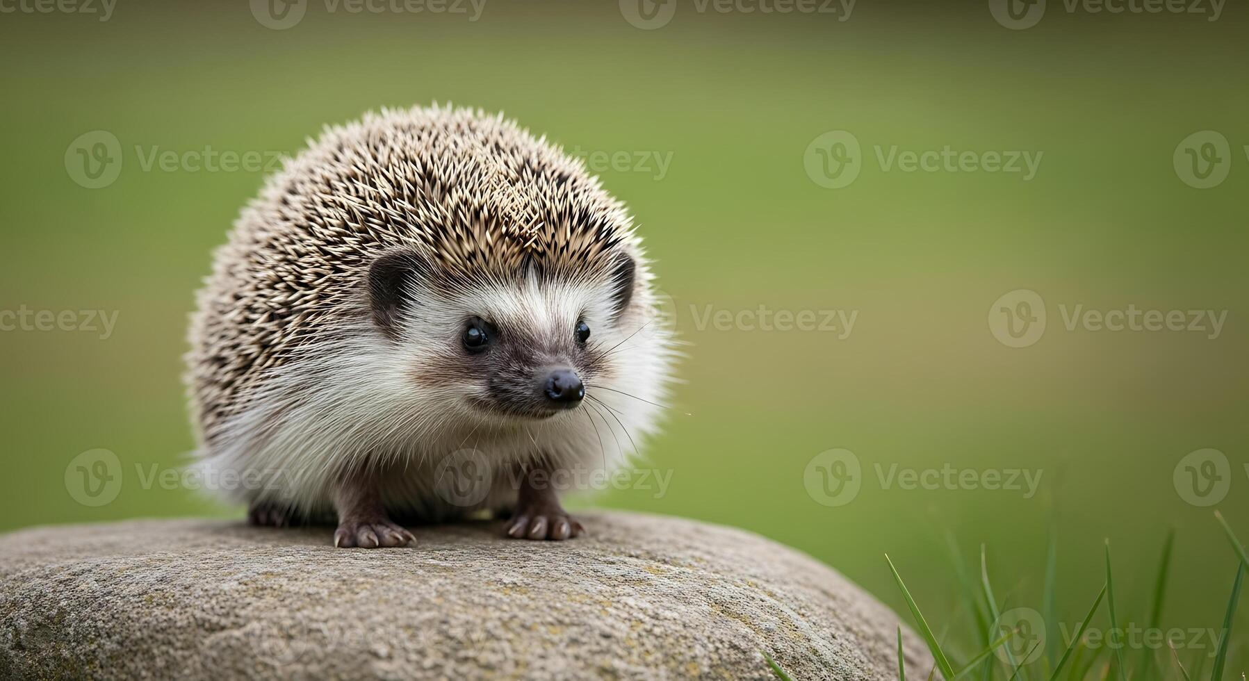 A hedgehog is standing on a rock photo