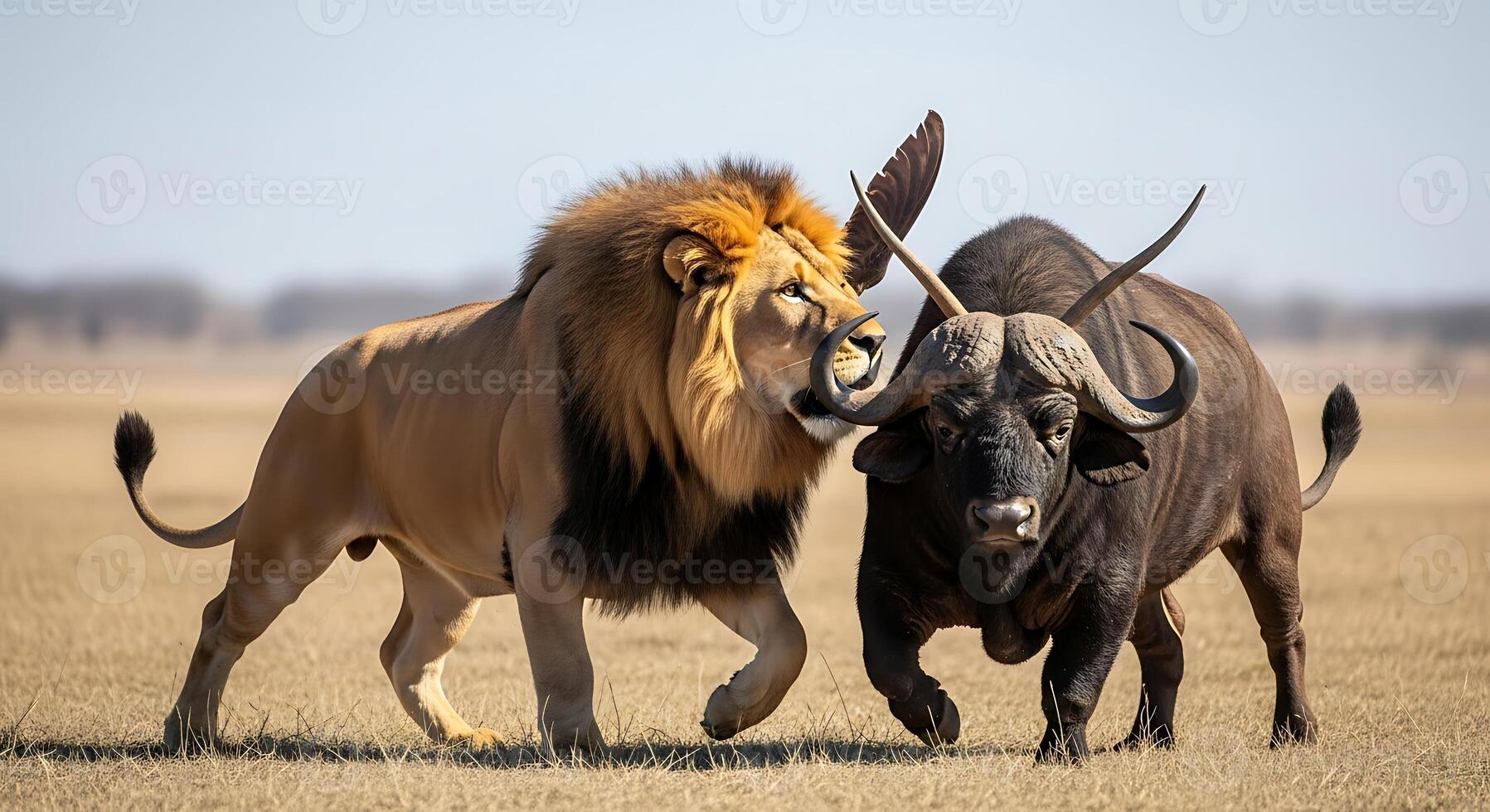 Two lions fighting with a buffalo in the wild photo