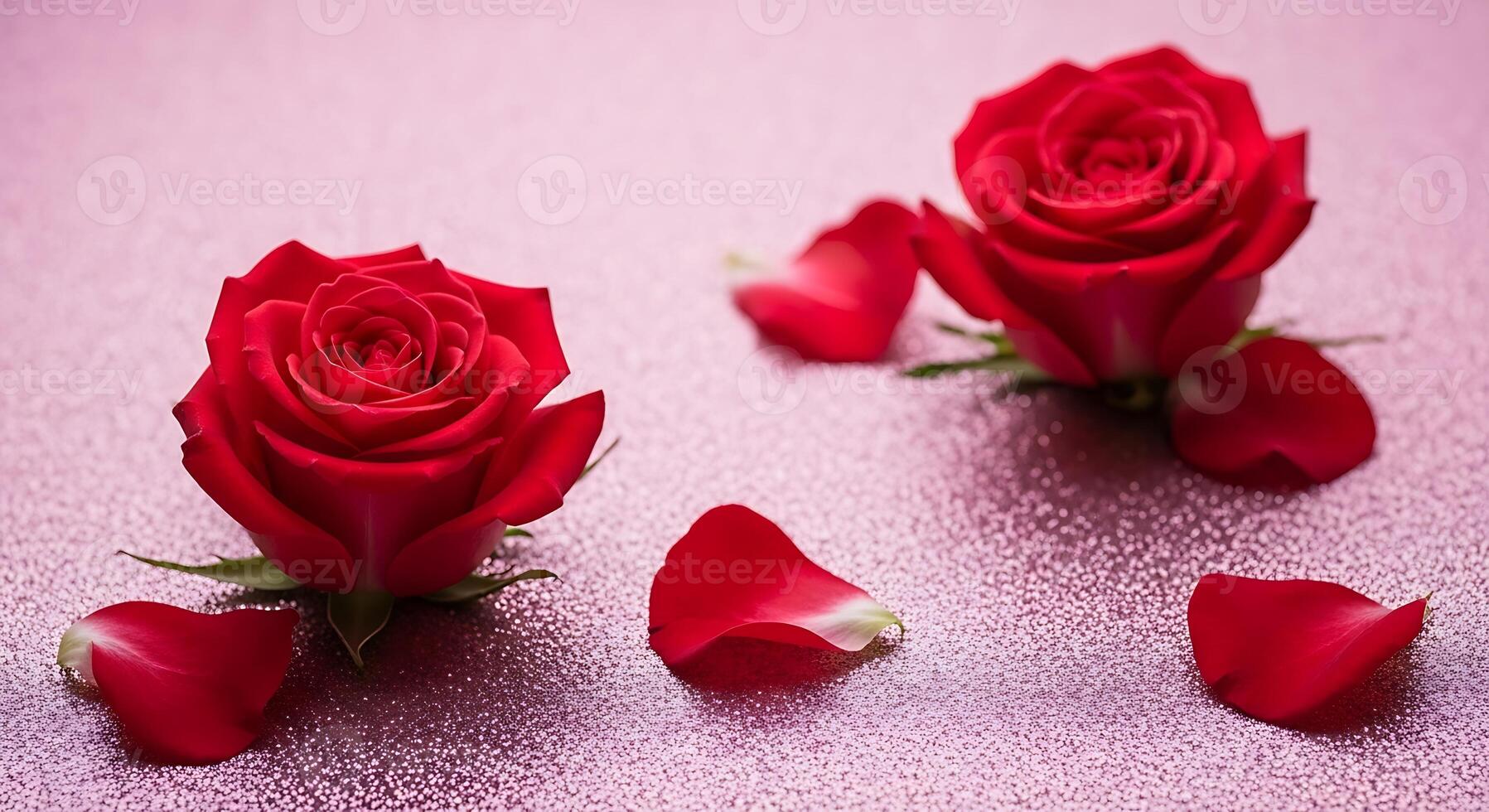 Two red roses on a pink surface photo