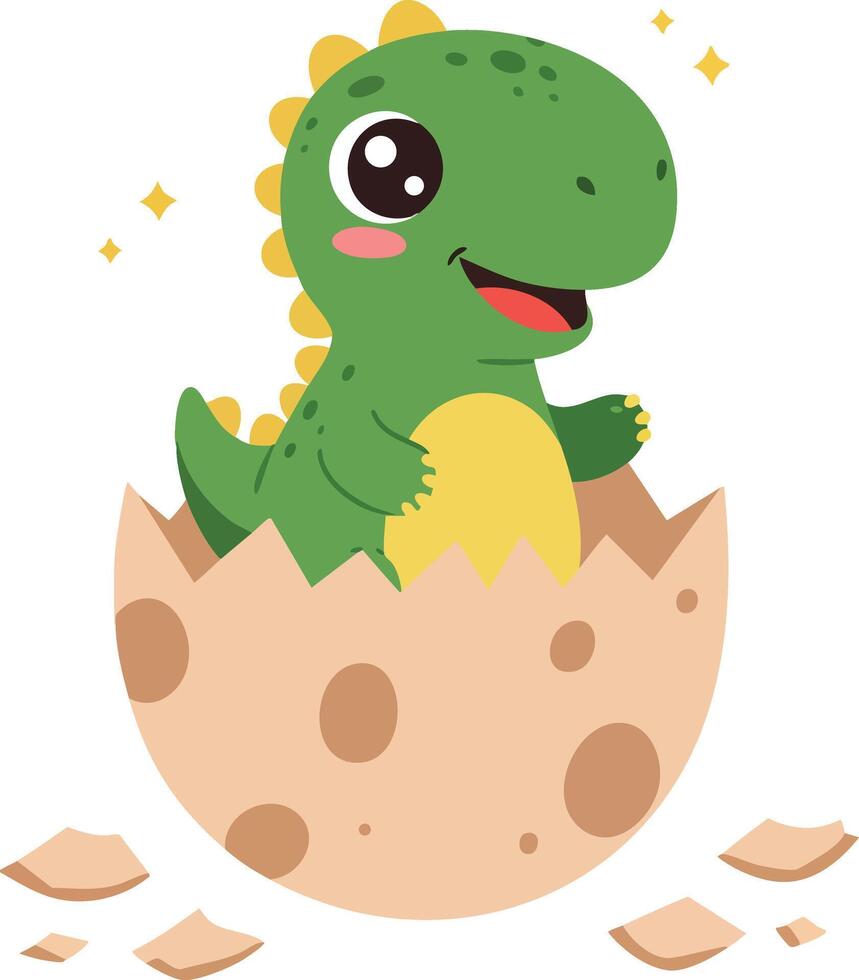Cute green baby dinosaur hatching from spotted egg cartoon illustration smiling joyful vector