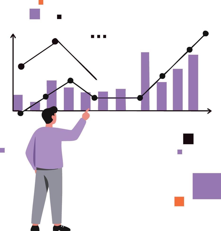 Businessman analyzing purple bar chart and line graph data in modern style illustration vector