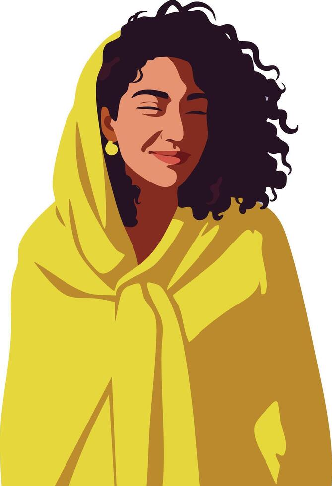 Woman wrapped in yellow shawl with curly hair smiling illustration portrait style vector
