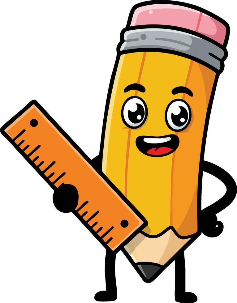 Happy yellow pencil character holding orange ruler smiling friendly illustration cute stationery drawing vector
