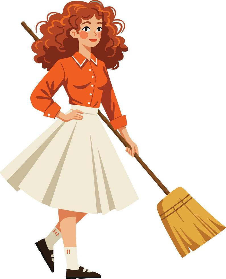 Young woman sweeping the floor with broom in casual vintage outfit illustration vector