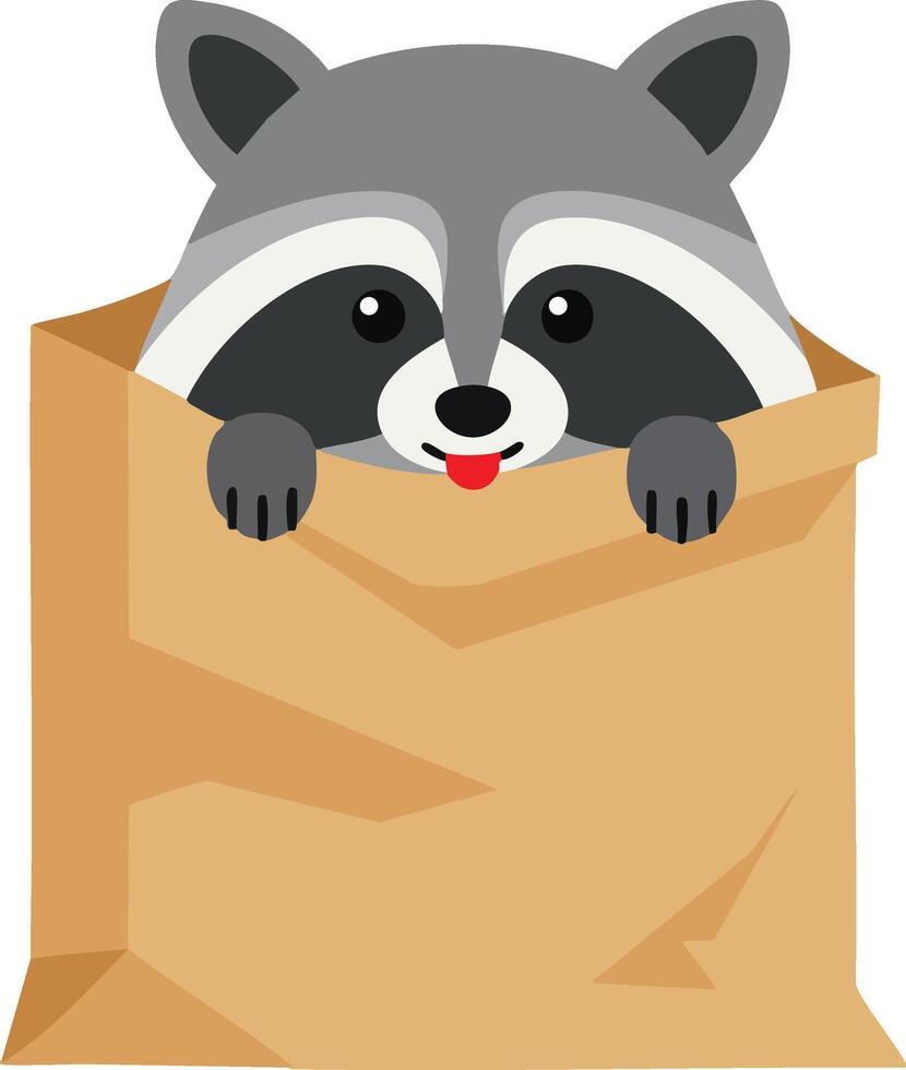 Cute raccoon peeking out of brown paper bag illustration in playful style for children and nature designs vector