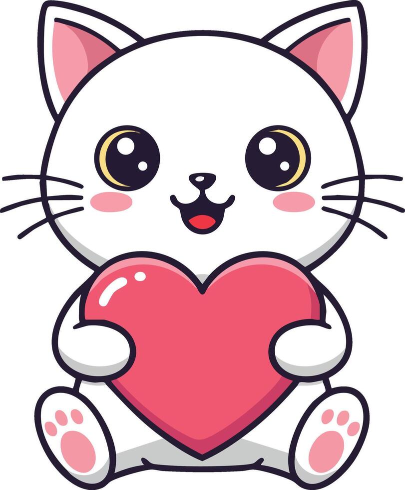 Cute white cat holding pink heart illustration with big eyes and blushing cheeks design vector