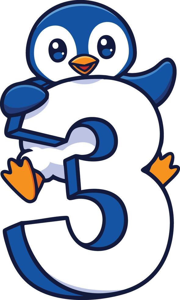 Penguin cartoon holding number three illustration with blue and orange colors for kids and education design vector
