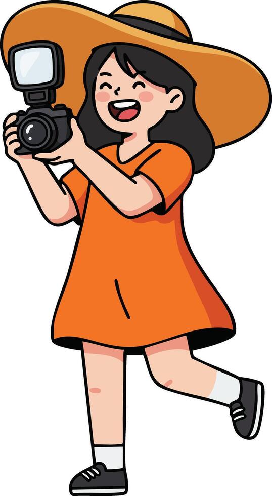 Girl in orange dress and wide hat holding camera with flash taking photo illustration cheerful smiling child photography hobby vector