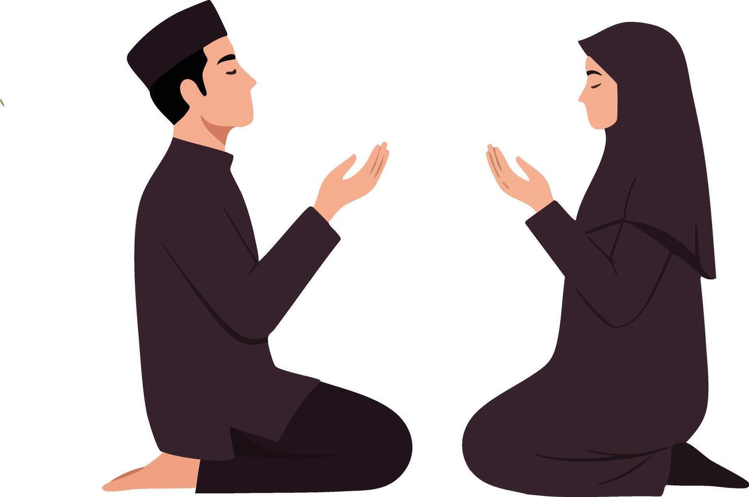 Muslim man and woman in traditional clothing praying together in kneeling position illustration vector