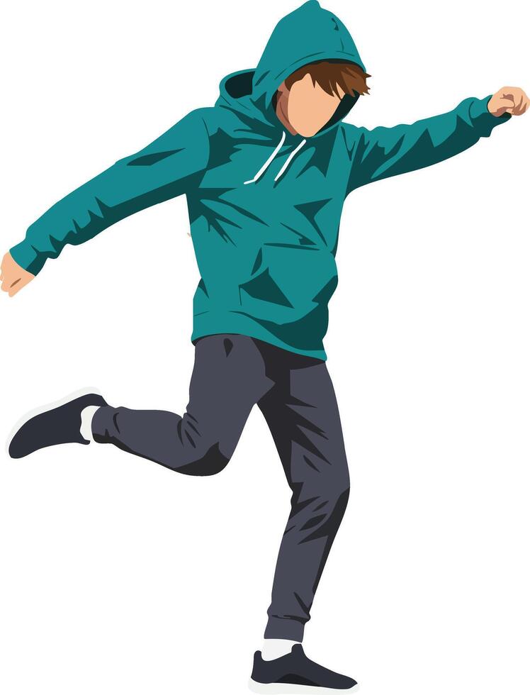 Young male wearing teal hoodie jumping energetic casual clothing illustration vector