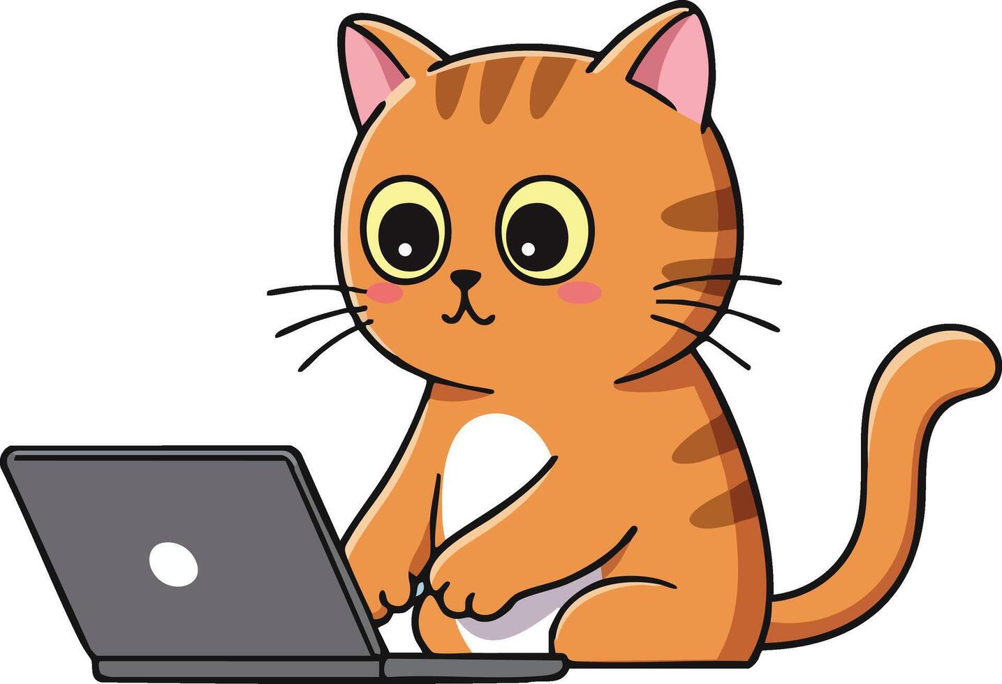 Cute orange tabby cat sitting and typing on laptop computer cartoon illustration design vector