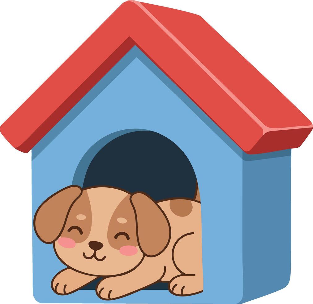 Cute dog sleeping inside small blue doghouse with red roof illustration for pet lovers and home comfort design vector