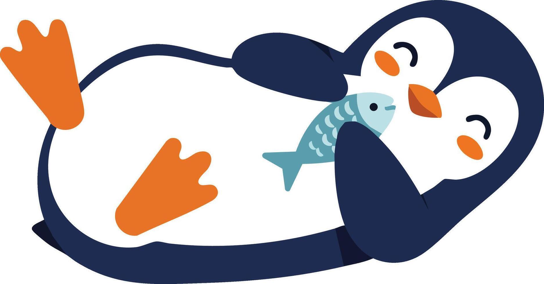 Cute cartoon penguin lying down eating a fish with orange feet and beak illustration vector