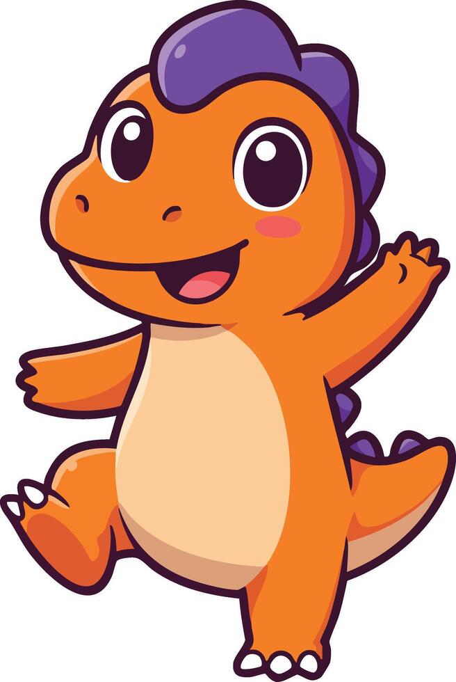 Cute orange dinosaur with purple spikes cartoon character waving hand and smiling happily illustration vector