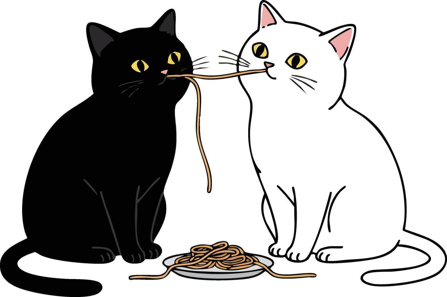 Black and white cats sharing spaghetti noodle cute pet animals illustration vector