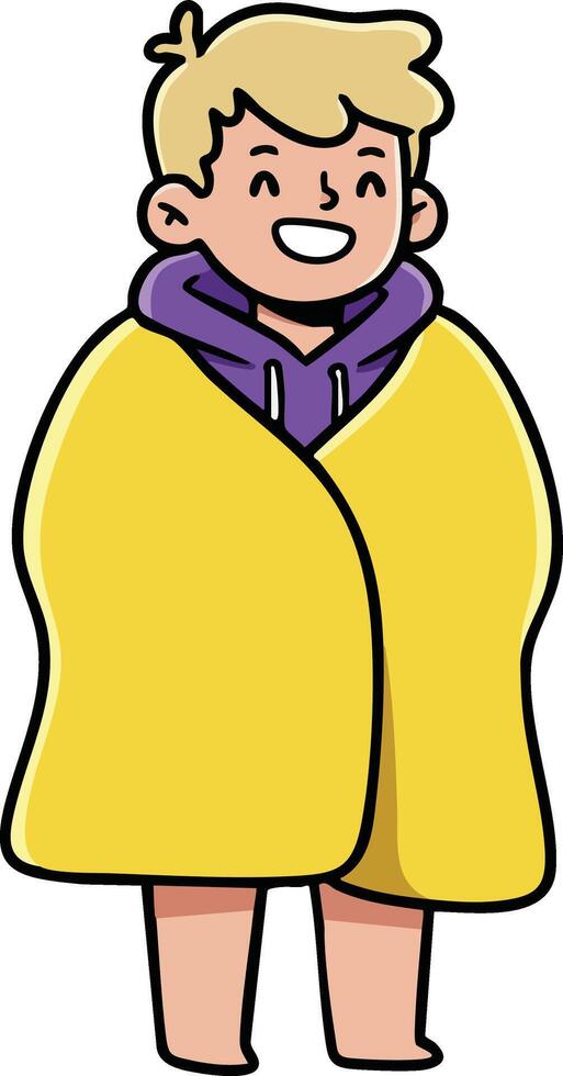 Child wrapped in yellow blanket feeling cozy and warm indoor illustration design vector