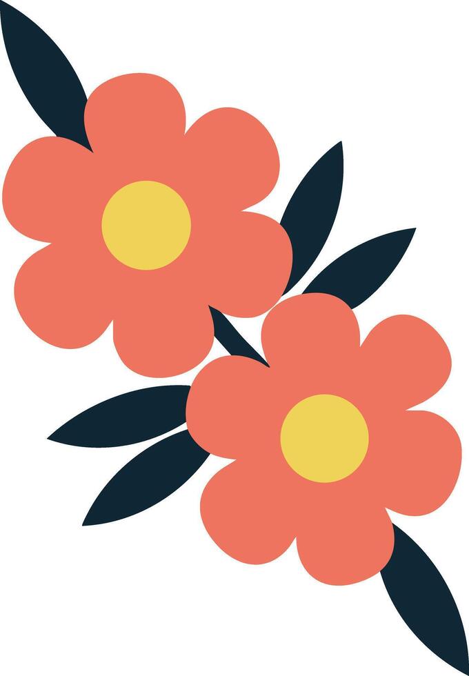 Coral color simple flower with yellow center and dark leaves illustration for design and decoration purposes vector