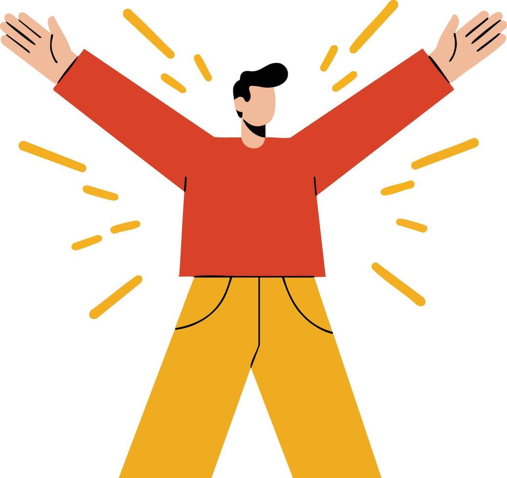 Man with arms raised wearing red shirt and yellow pants illustration with energetic expression vector